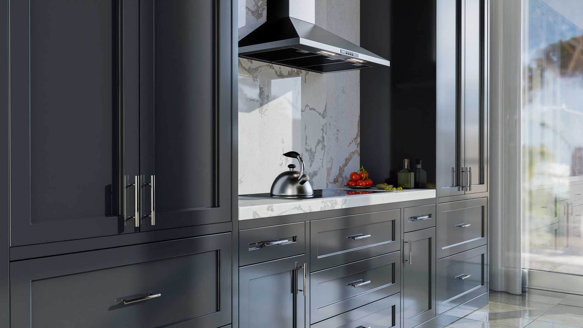 Luxurious,Interior,Design,Of,Dark,Gray,Kitchen,Cabinets,,Marble,Counter