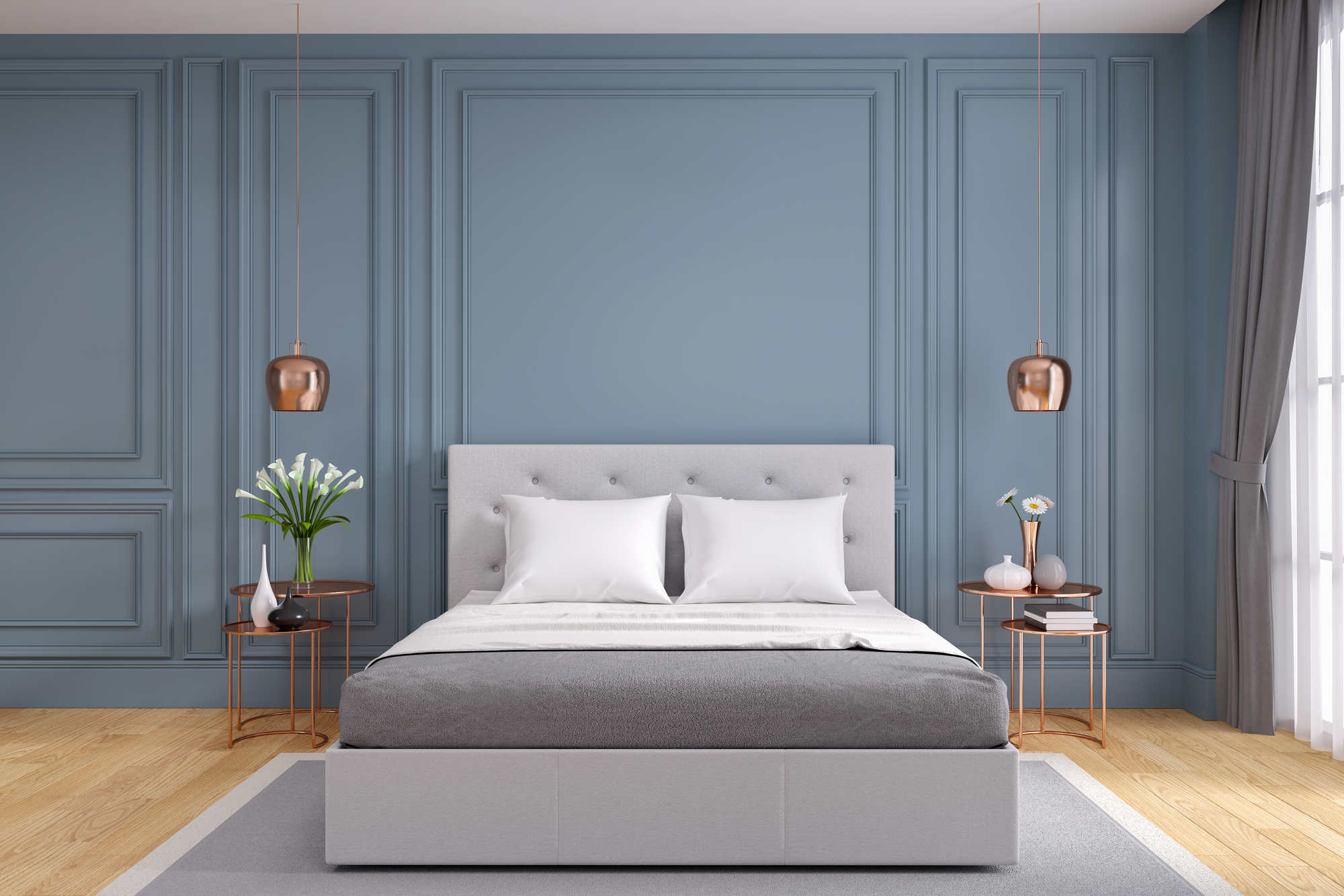 Modern,And,Vintage,Bedroom,Design,cozy,Gray,Room,Concept,,blue,Wall